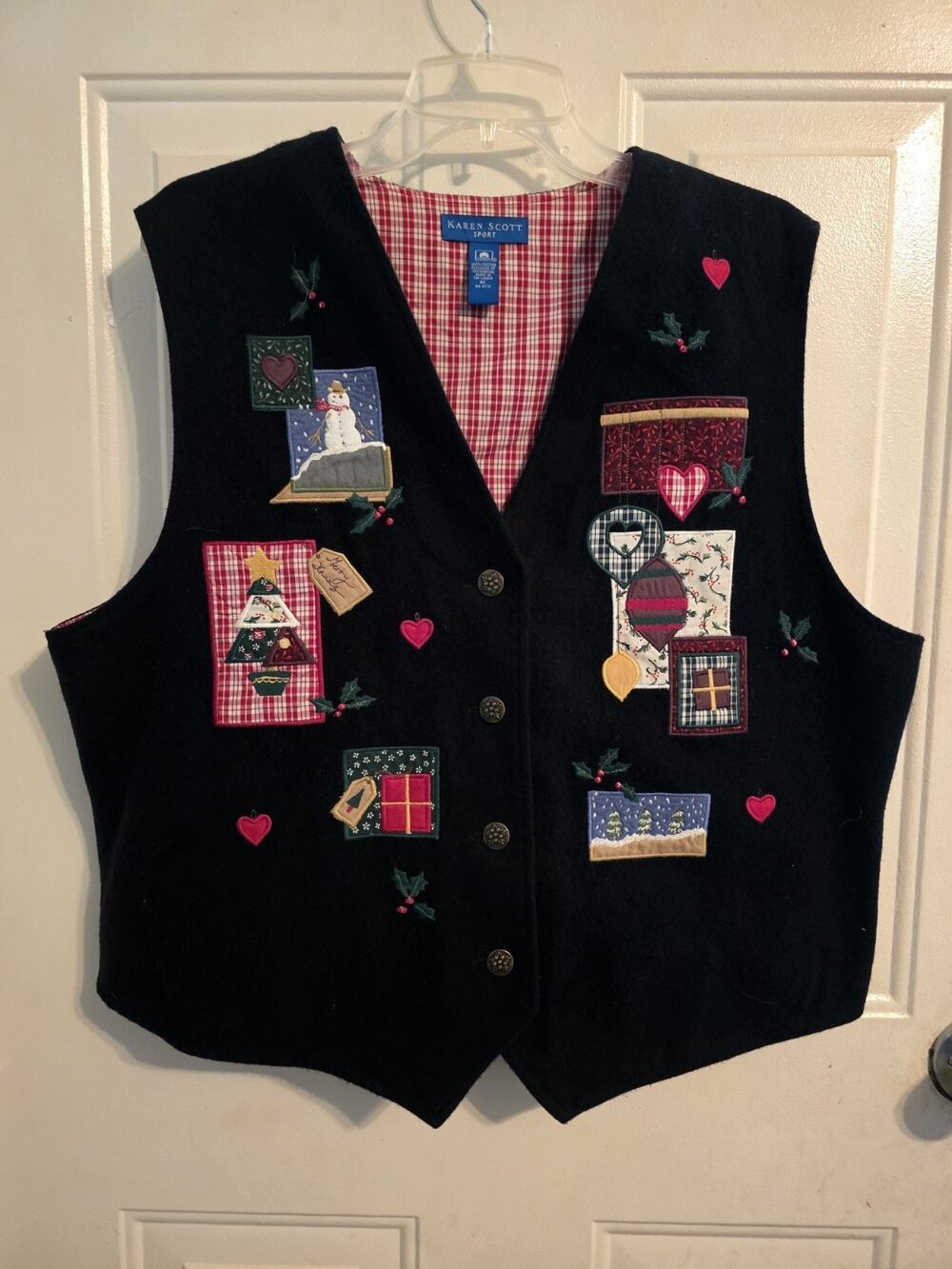Vtg Karen Scott Christmas Vest Black Embroidery Patchwork Sweater Holiday XL